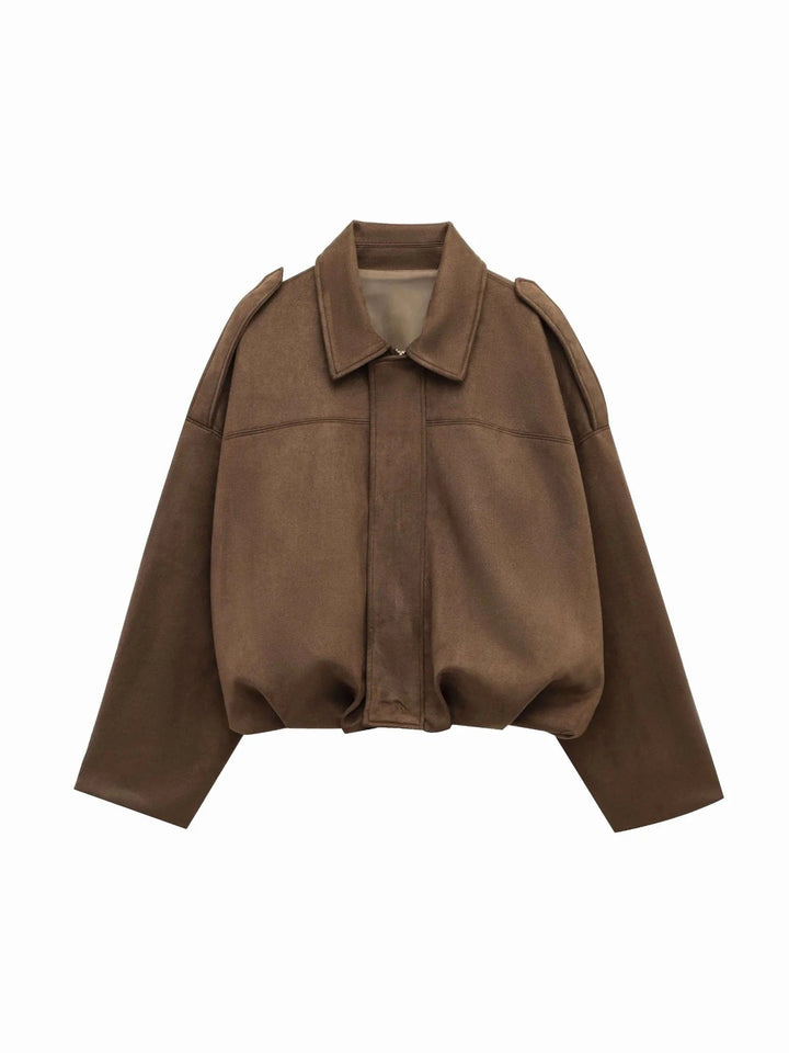 Josette | Women's Faux Suede Collared Bomber Jacket, Structured Collar Jacket | Bella Blue