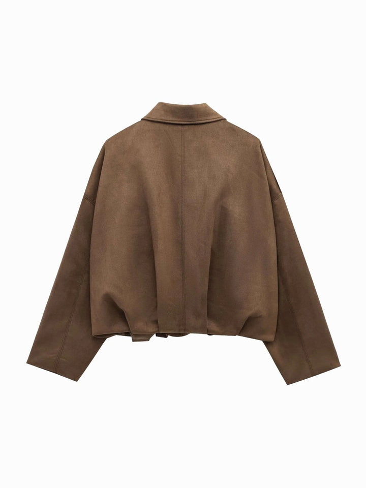 Josette | Women's Faux Suede Collared Bomber Jacket, Structured Collar Jacket | Bella Blue