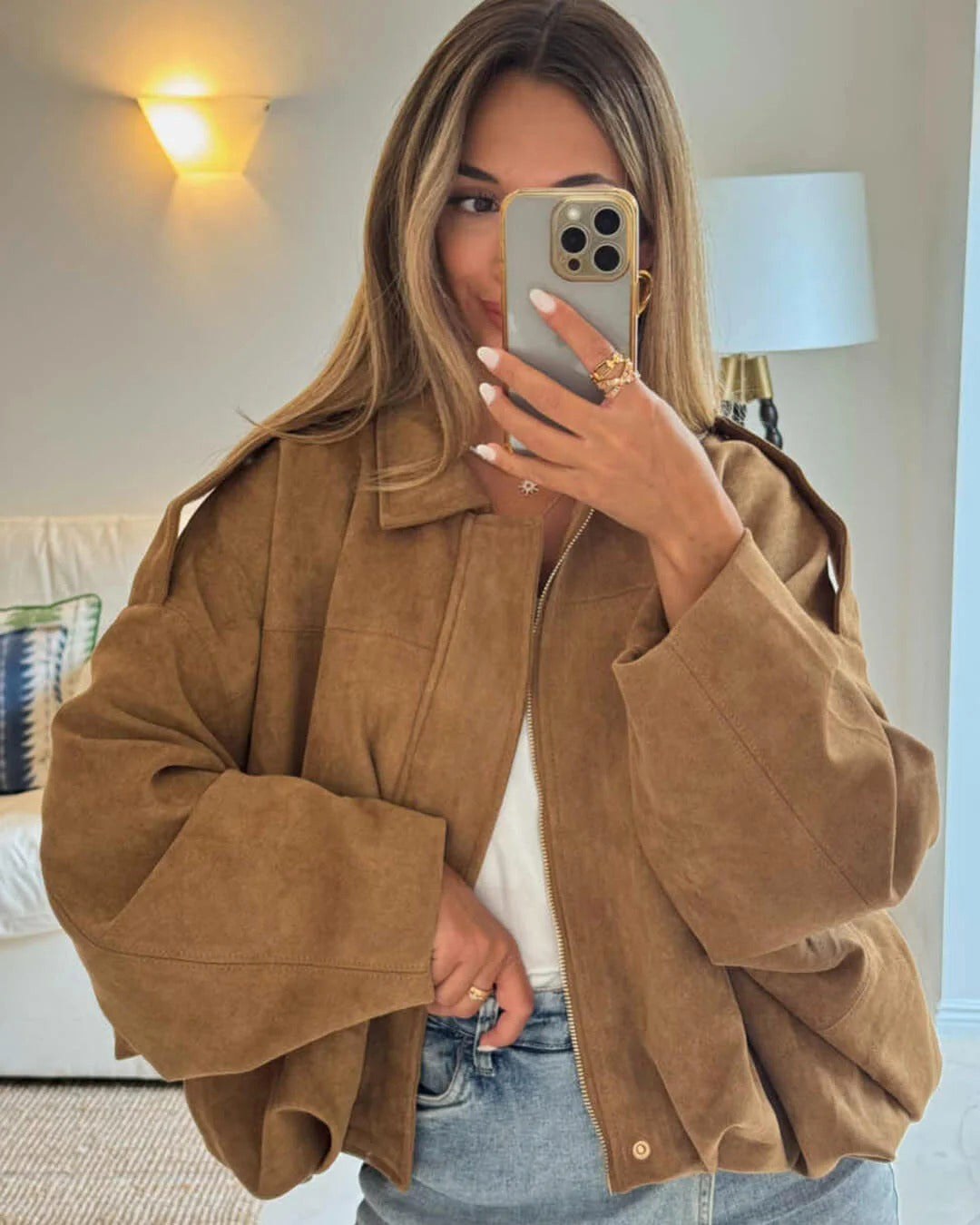 Josette | Women's Faux Suede Collared Bomber Jacket, Structured Collar Jacket | Bella Blue