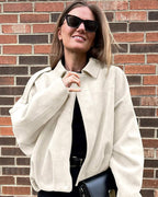 Josette | Women's Faux Suede Collared Bomber Jacket, Structured Collar Jacket | Bella Blue