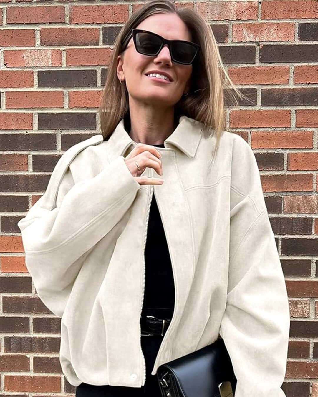Josette | Women's Faux Suede Collared Bomber Jacket, Structured Collar Jacket | Bella Blue