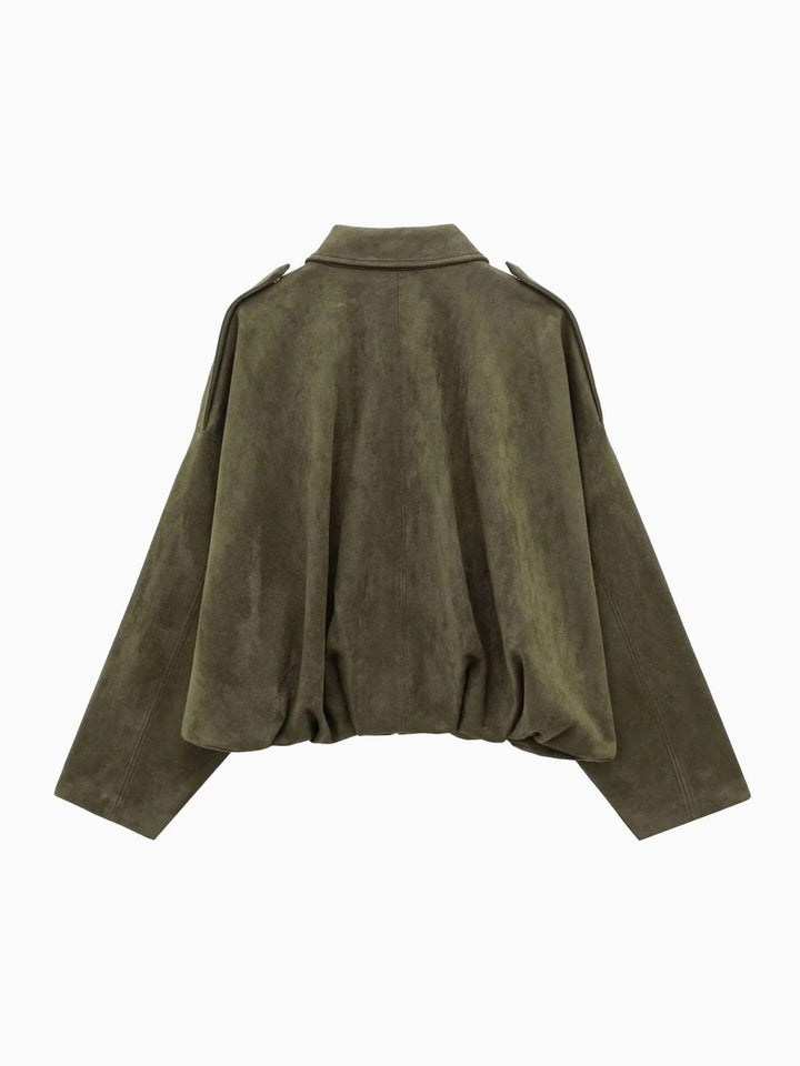 Josette | Women's Faux Suede Collared Bomber Jacket, Structured Collar Jacket | Bella Blue | Brown