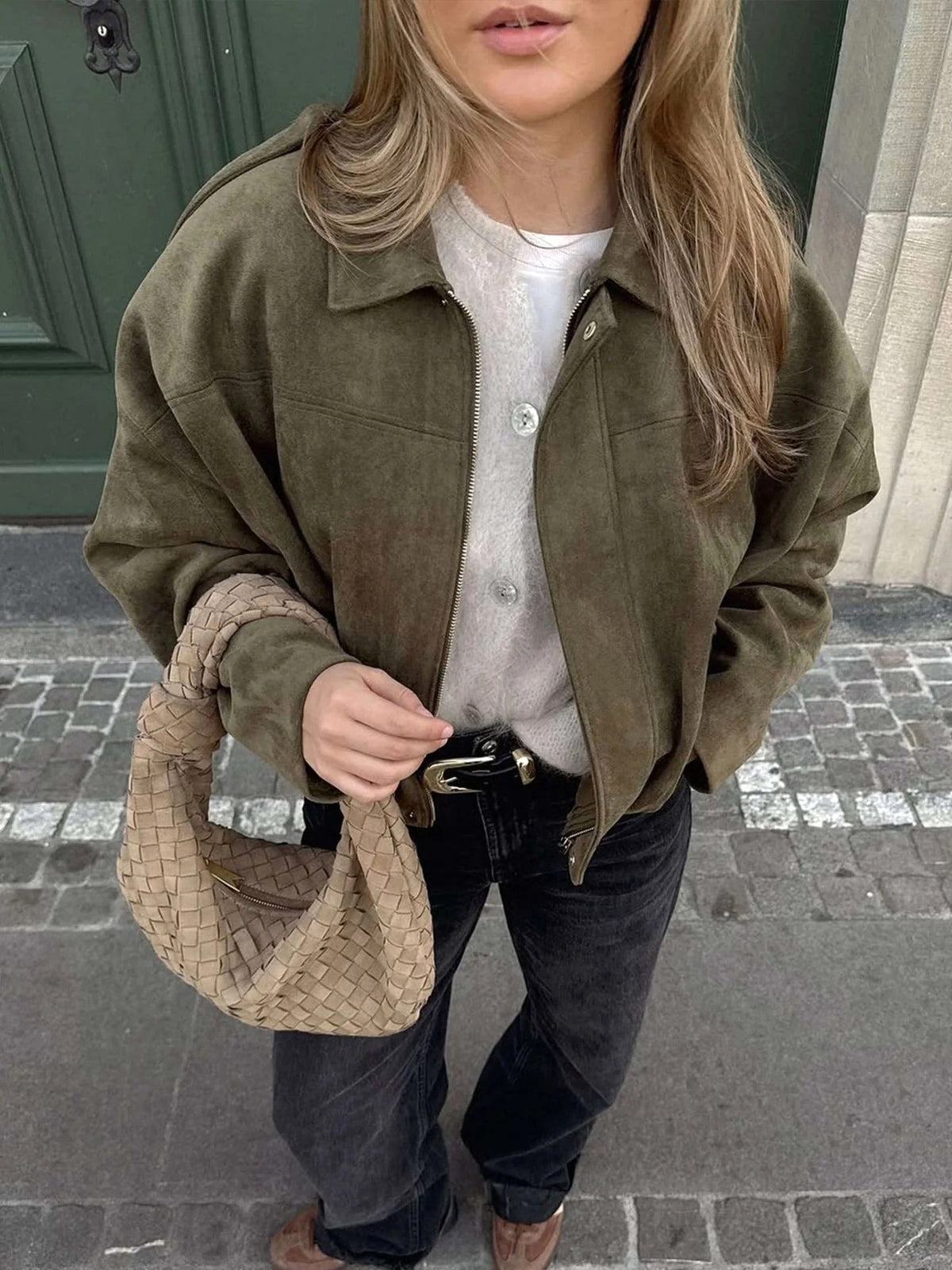 Josette | Women's Faux Suede Collared Bomber Jacket, Structured Collar Jacket | Bella Blue | Khaki