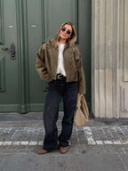 Josette | Women's Faux Suede Collared Bomber Jacket, Structured Collar Jacket | Bella Blue | White