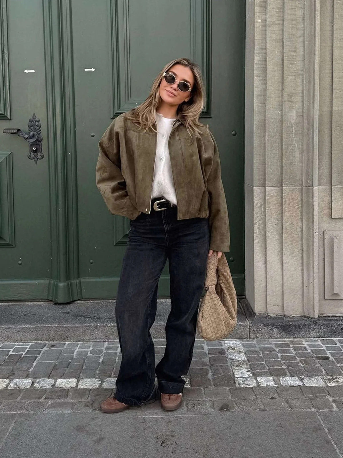 Josette | Women's Faux Suede Collared Bomber Jacket, Structured Collar Jacket | Bella Blue | White
