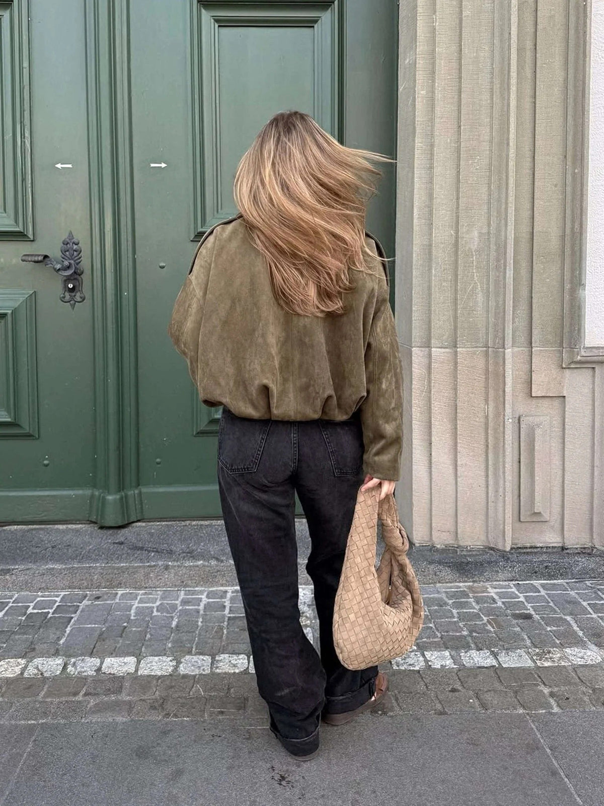 Josette | Women's Faux Suede Collared Bomber Jacket, Structured Collar Jacket | Bella Blue