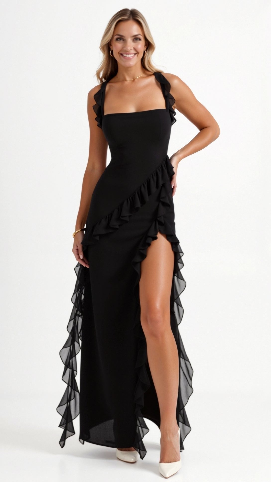 Julia | Women's Ruffled Maxi Dress, Front Slit Evening Dress | Bella Blue