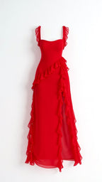 Julia | Women's Ruffled Maxi Dress, Front Slit Evening Dress | Bella Blue
