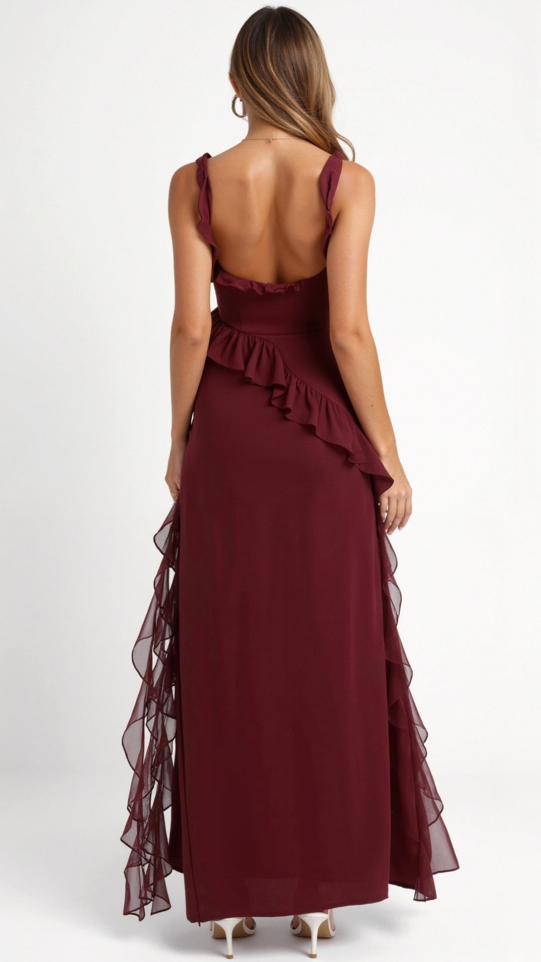 Julia | Women's Ruffled Maxi Dress, Front Slit Evening Dress | Bella Blue