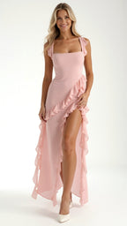 Julia | Women's Ruffled Maxi Dress, Front Slit Evening Dress | Bella Blue