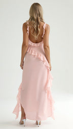 Julia | Women's Ruffled Maxi Dress, Front Slit Evening Dress | Bella Blue