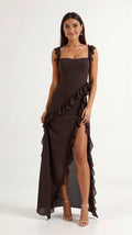 Julia | Women's Ruffled Maxi Dress, Front Slit Evening Dress | Bella Blue