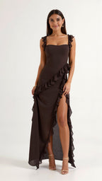 Julia | Women's Ruffled Maxi Dress, Front Slit Evening Dress | Bella Blue