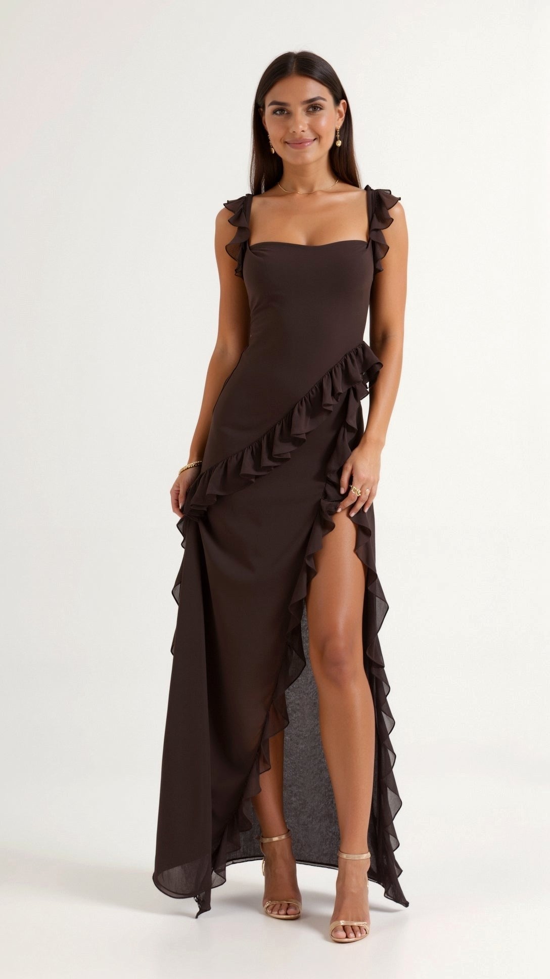 Julia | Women's Ruffled Maxi Dress, Front Slit Evening Dress | Bella Blue