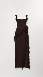 Julia | Women's Ruffled Maxi Dress, Front Slit Evening Dress | Bella Blue