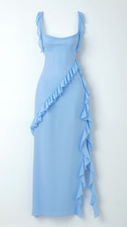 Julia | Women's Ruffled Maxi Dress, Front Slit Evening Dress | Bella Blue