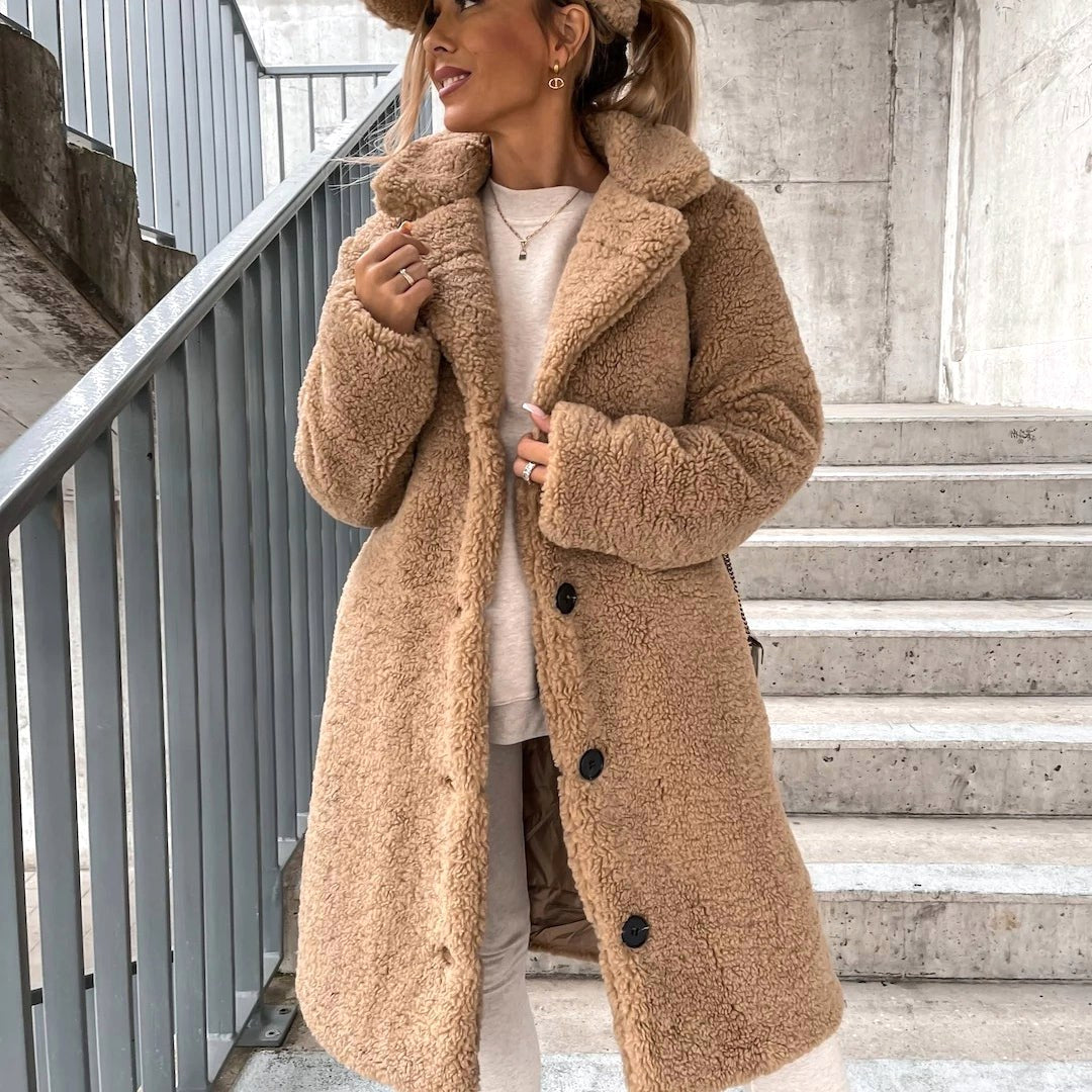 Juliette | Women's Oversized Teddy Long Coat, Soft Texture Autumn Coat | Bella Blue | Beige