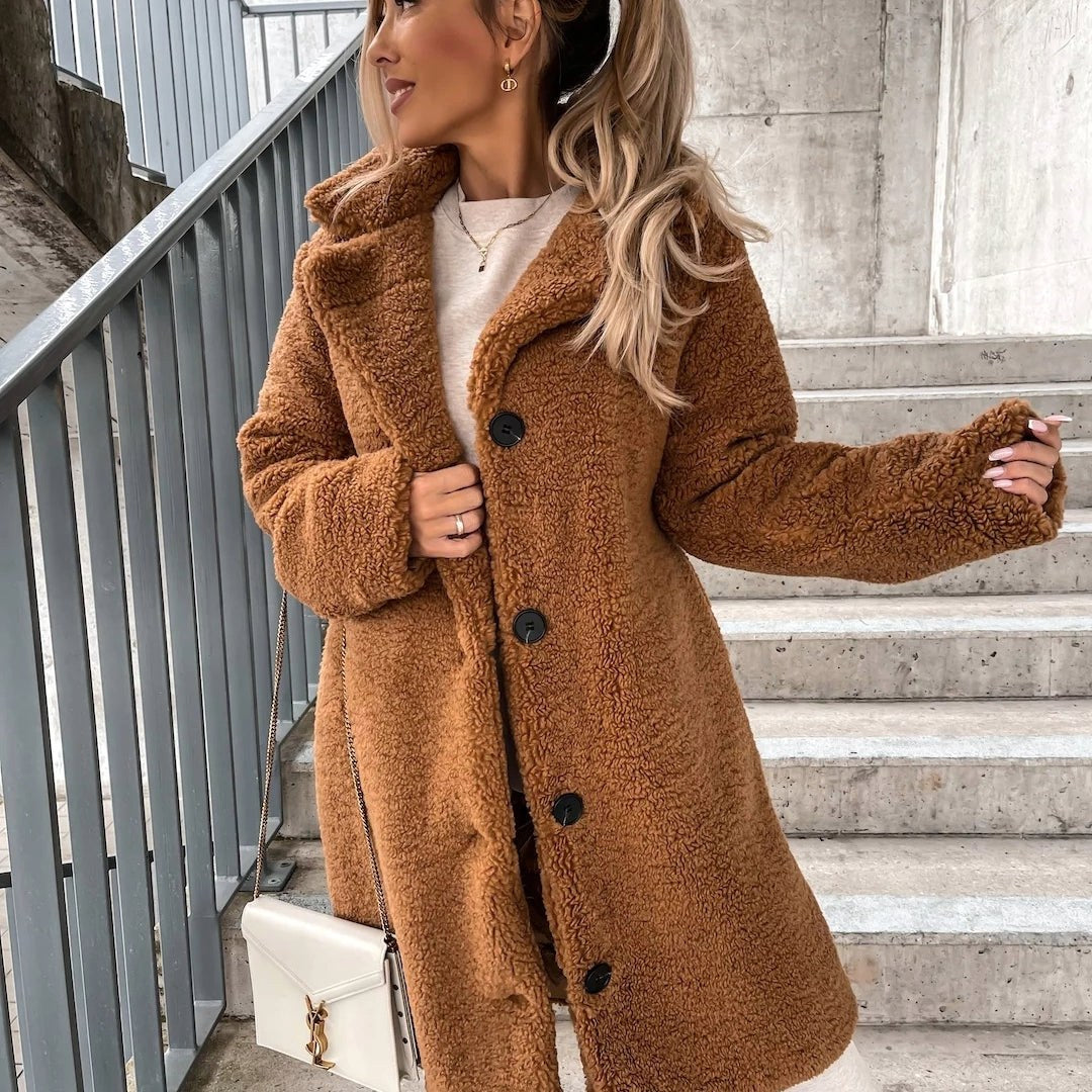 Juliette | Women's Oversized Teddy Long Coat, Soft Texture Autumn Coat | Bella Blue | Brown