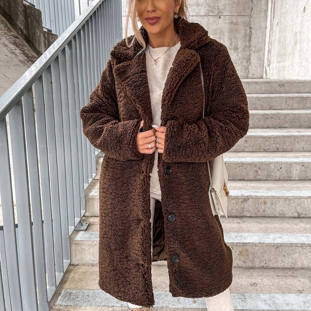 Juliette | Women's Oversized Teddy Long Coat, Soft Texture Autumn Coat | Bella Blue | Dark Brown