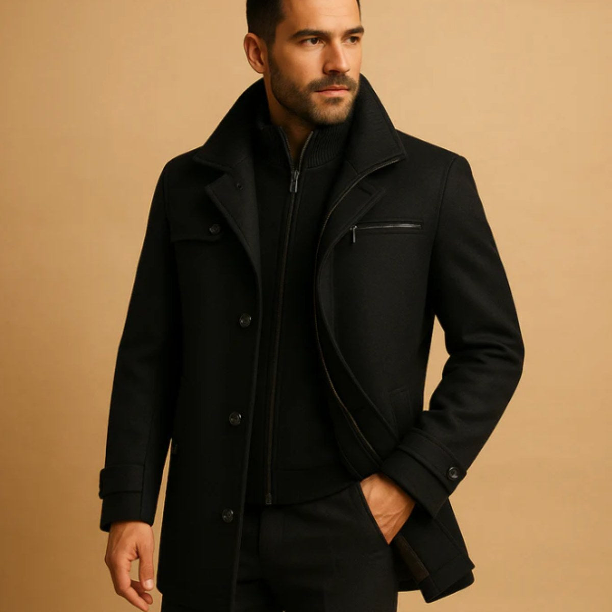 Justin | Men's Insulated Winter Coat with Adjustable Cuff, Warm Autumn Coat | Bella Blue | Black