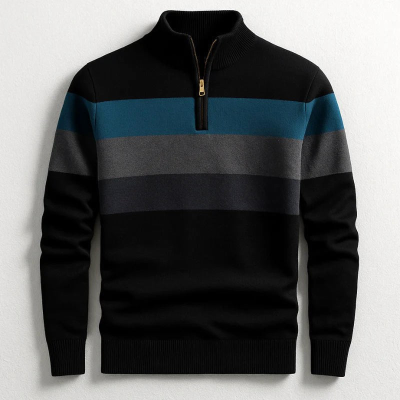 Justin | Men's Striped Cotton Jumper, Crew Neck Pullover | Bella Blue | Black