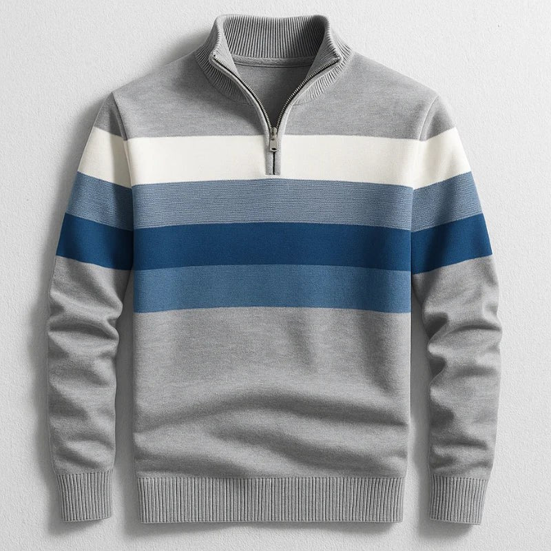 Justin | Men's Striped Cotton Jumper, Crew Neck Pullover | Bella Blue | Grey