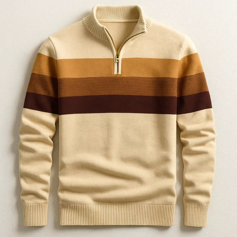 Justin | Men's Striped Cotton Jumper, Crew Neck Pullover | Bella Blue | Brown