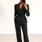 Katarzyna | Women's Tie-Waist Blazer with Wide-Leg Trousers, Two-Piece Suit | Bella Blue