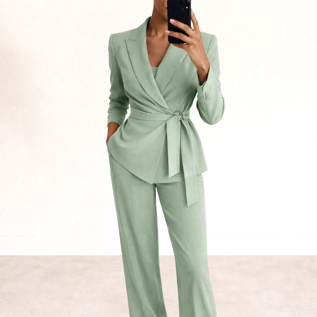 Katarzyna | Women's Tie-Waist Blazer with Wide-Leg Trousers, Two-Piece Suit | Bella Blue