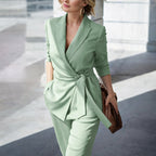 Katarzyna | Women's Tie-Waist Blazer with Wide-Leg Trousers, Two-Piece Suit | Bella Blue