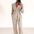 Katarzyna | Women's Tie-Waist Blazer with Wide-Leg Trousers, Two-Piece Suit | Bella Blue