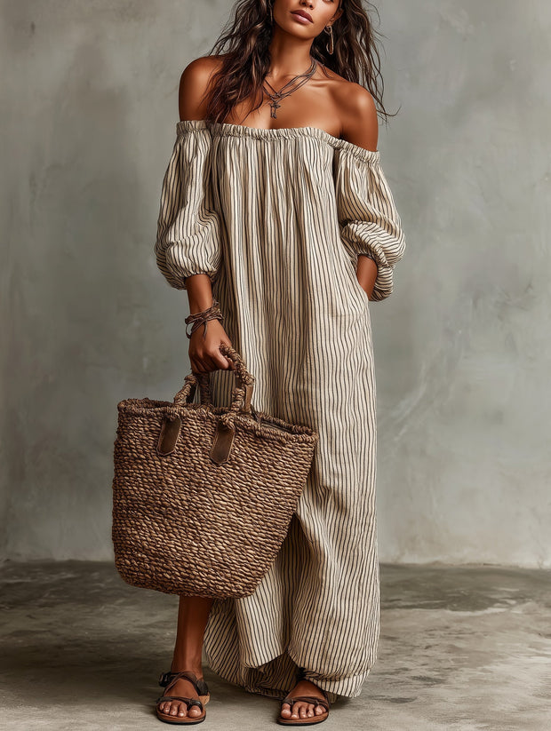 Kendall | Women's Cotton-Linen Off-Shoulder Maxi Dress - Photo Colour