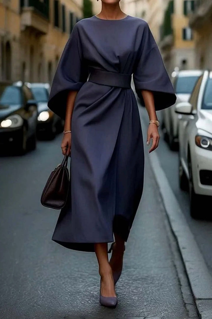 Kennedy | Women's Elegant Midi Dress with Lantern Sleeves - Beige