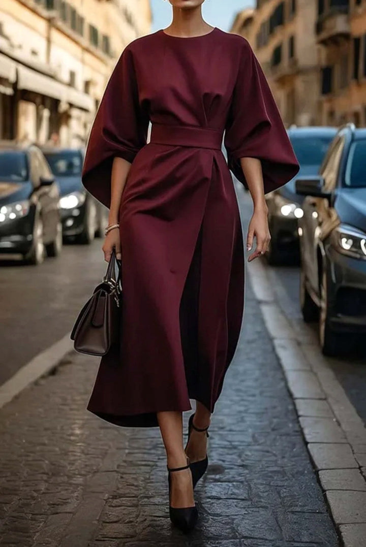 Kennedy | Women's Elegant Midi Dress with Lantern Sleeves - Gray