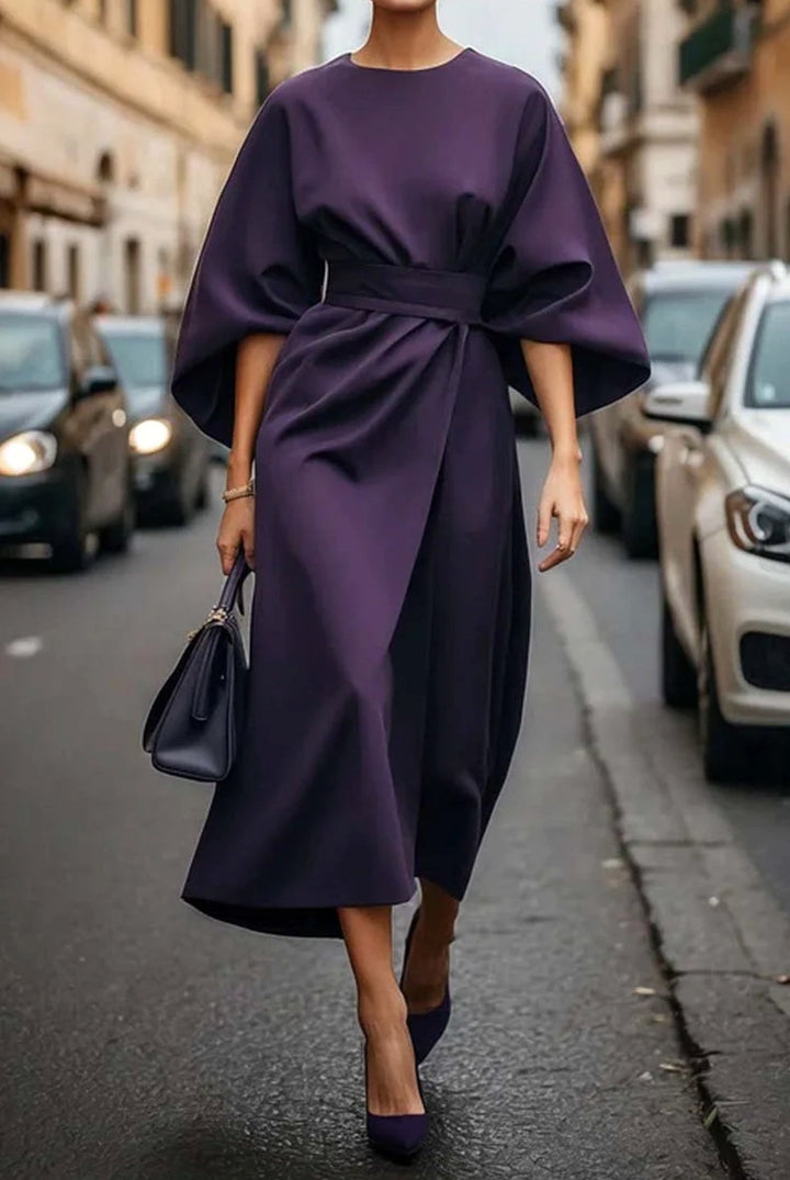 Kennedy | Women's Elegant Midi Dress with Lantern Sleeves - Rust Brown