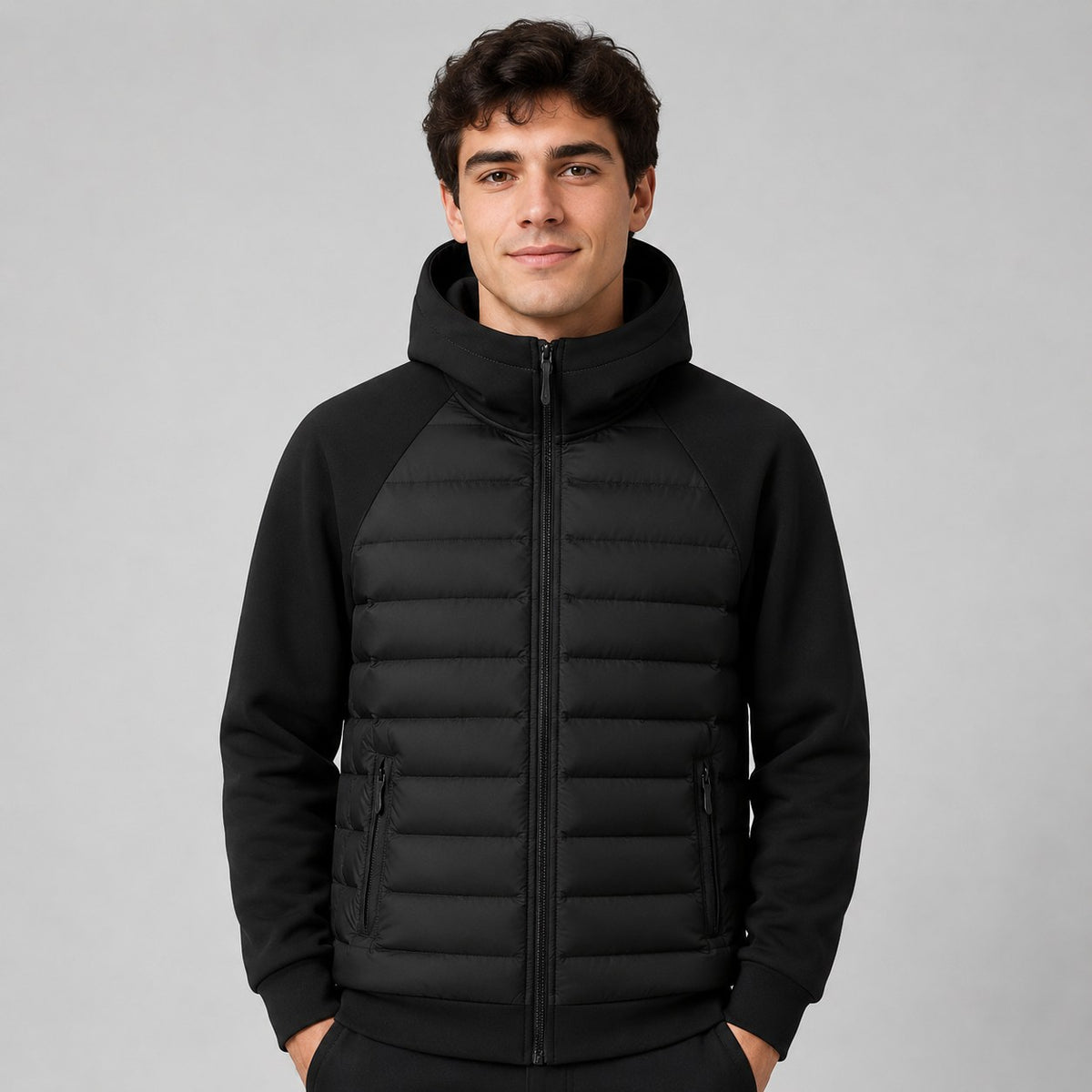 Kyle | Men's Hooded Down Jacket with Quilted Panels, Insulated Autumn Coat | Bella Blue | Black