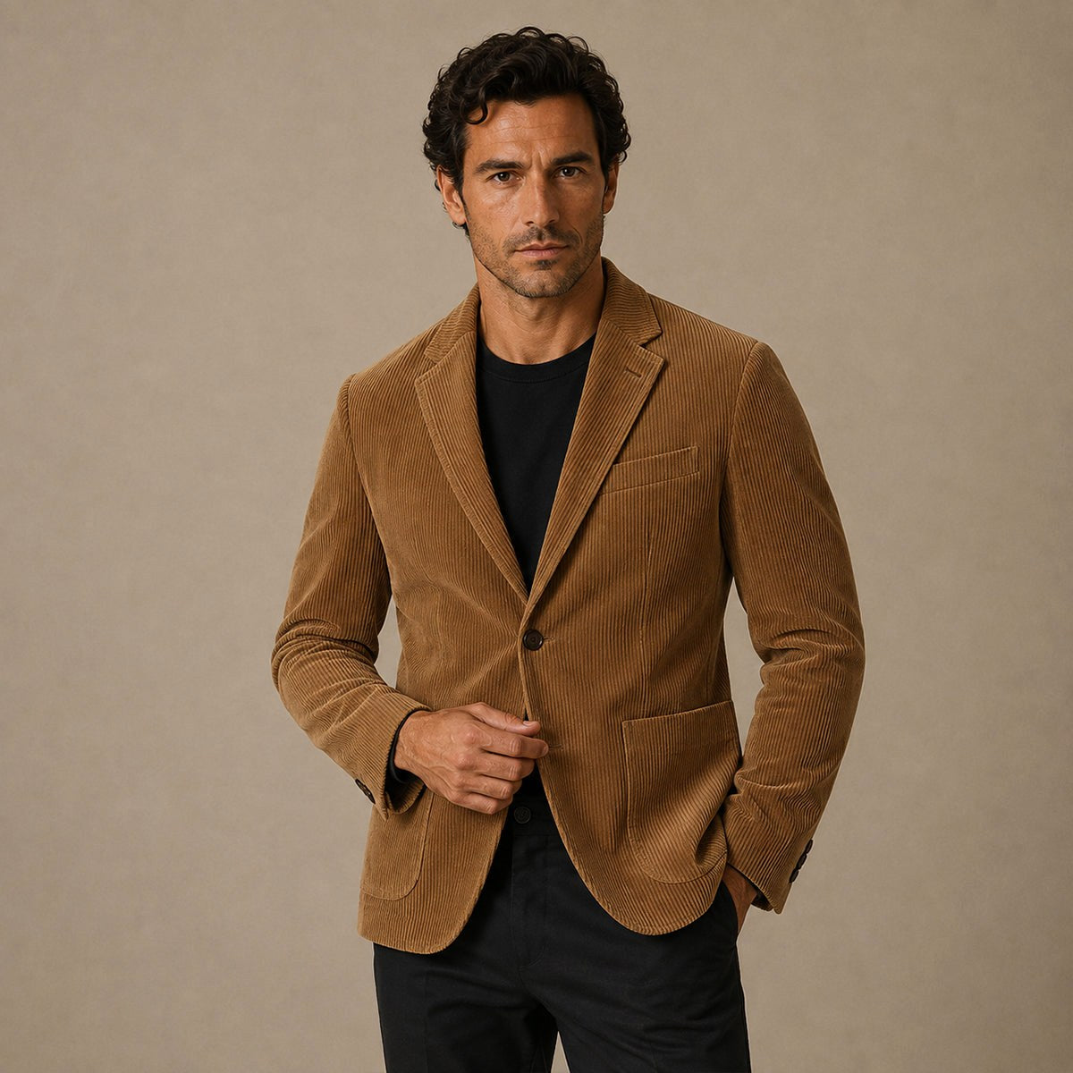 Landon | Men's Slim Fit Corduroy Blazer, Vintage-Inspired Jacket | Bella Blue | Black