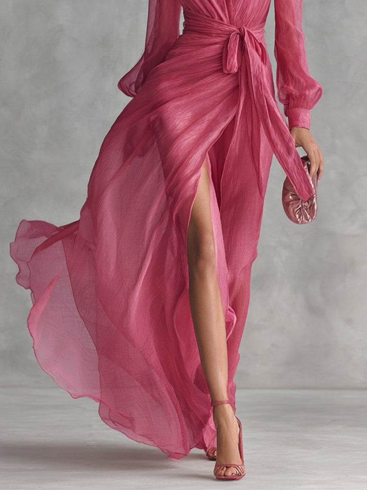 Lauren | Women's V-Neck Tie-Waist Chiffon Maxi Dress - image 4