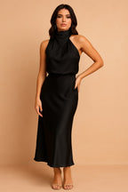 Lena | Women's Draped-Neckline Midi Dress, Elegant Occasion Dress | Bella Blue