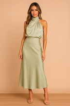 Lena | Women's Draped-Neckline Midi Dress, Elegant Occasion Dress | Bella Blue