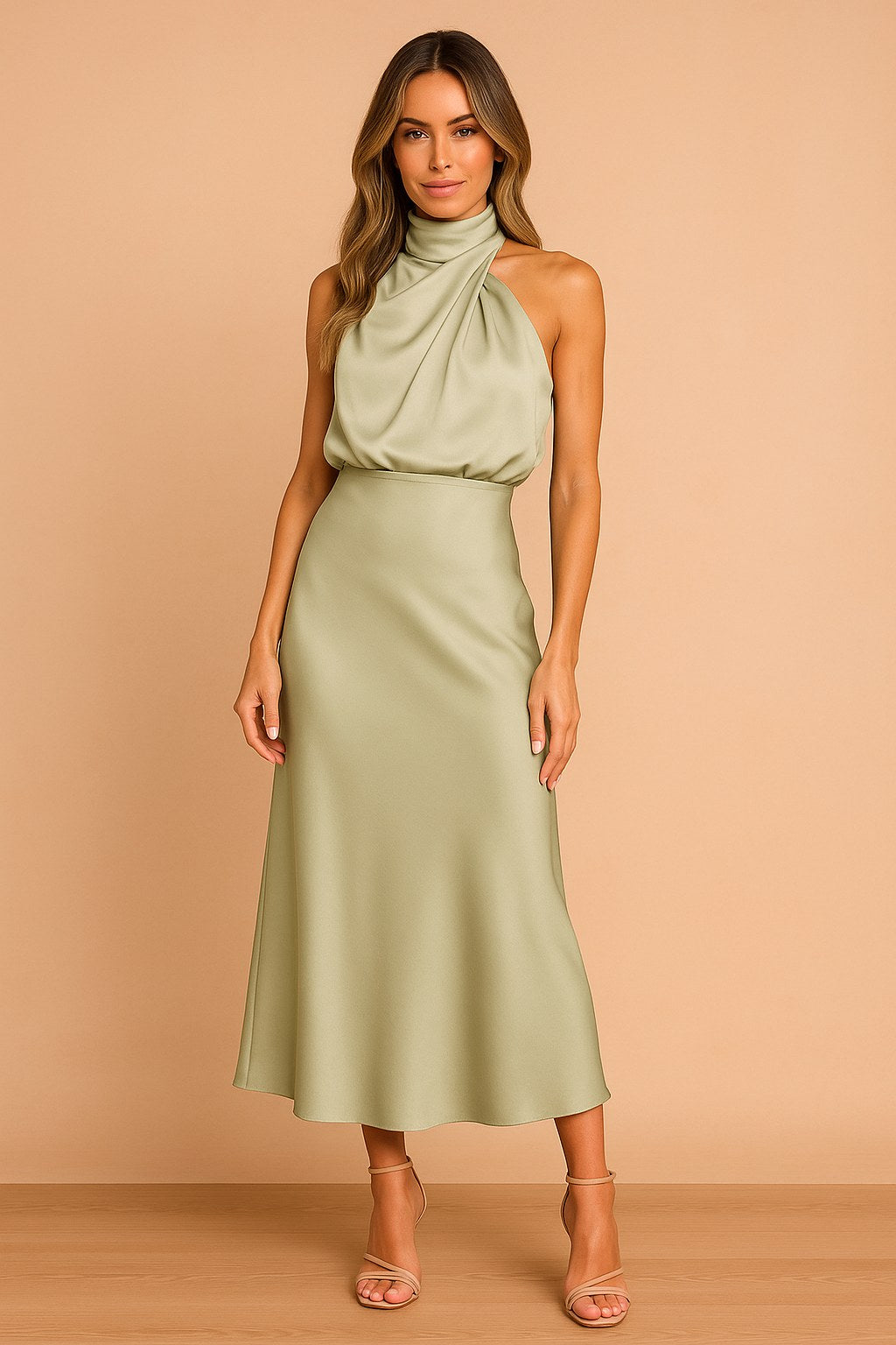 Lena | Women's Draped-Neckline Midi Dress, Elegant Occasion Dress | Bella Blue