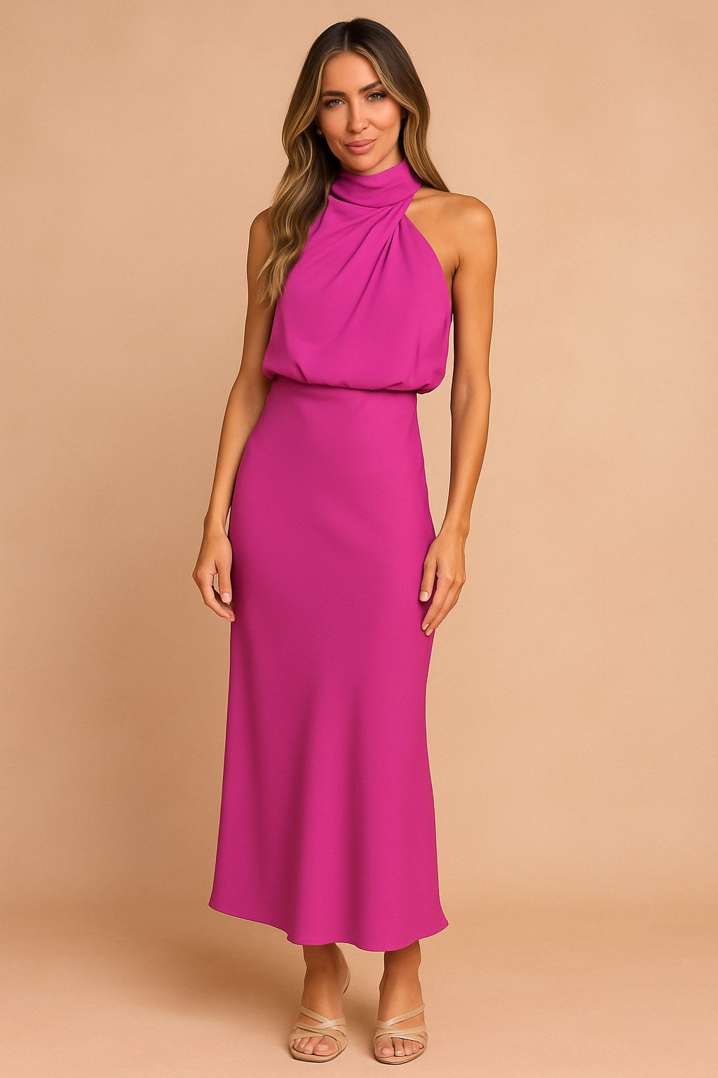 Lena | Women's Draped-Neckline Midi Dress, Elegant Occasion Dress | Bella Blue