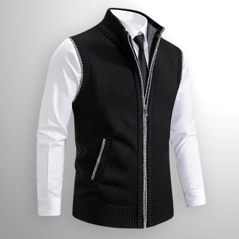 Leon | Men's Knit Waistcoat with Zip and Stand Collar, Structured Men's Waistcoat | Bella Blue | Black