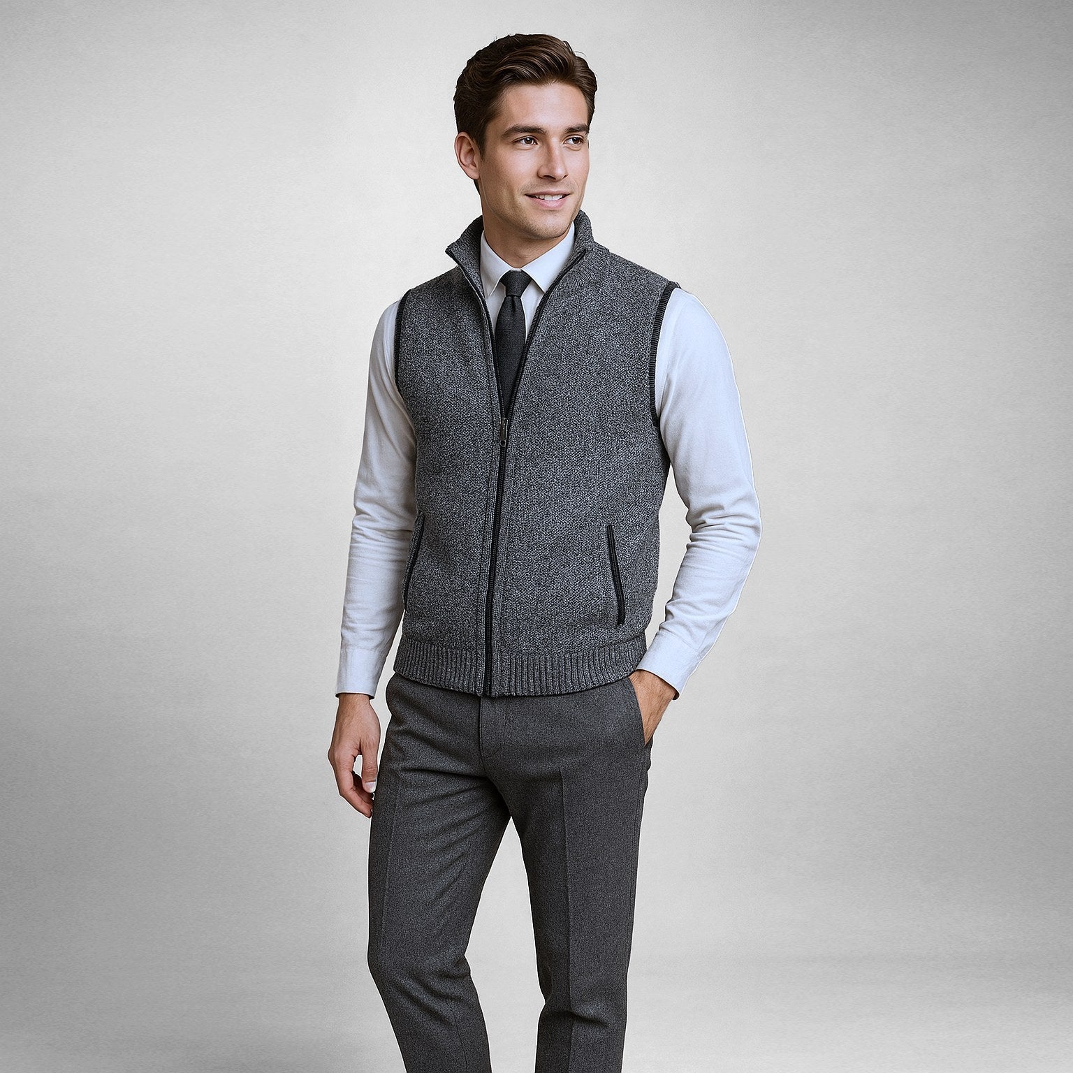 Leon | Men's Knit Waistcoat with Zip and Stand Collar, Structured Men's Waistcoat | Bella Blue | Black