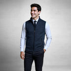 Leon | Men's Knit Waistcoat with Zip and Stand Collar, Structured Men's Waistcoat | Bella Blue | Black