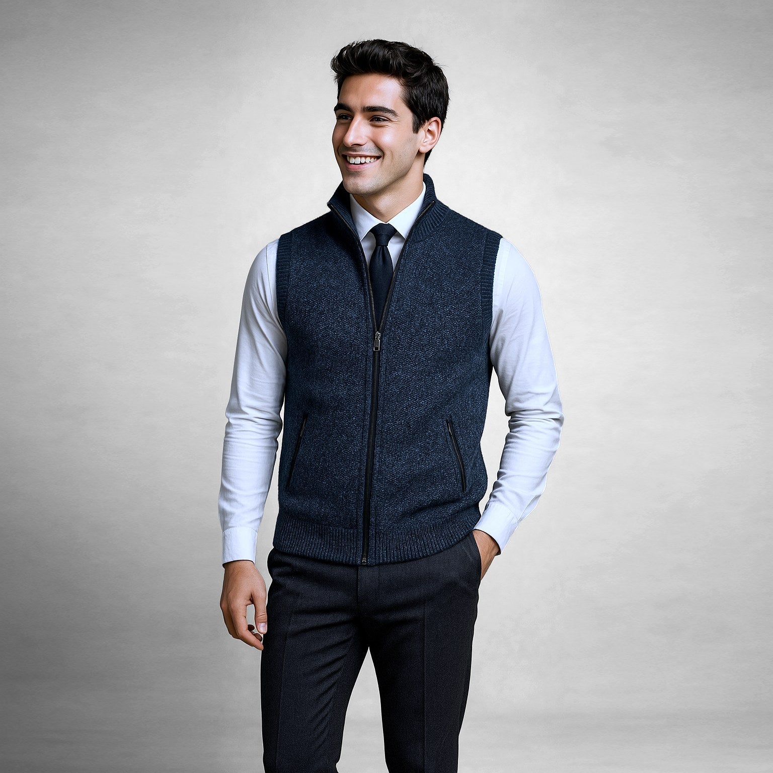 Leon | Men's Knit Waistcoat with Zip and Stand Collar, Structured Men's Waistcoat | Bella Blue | Black