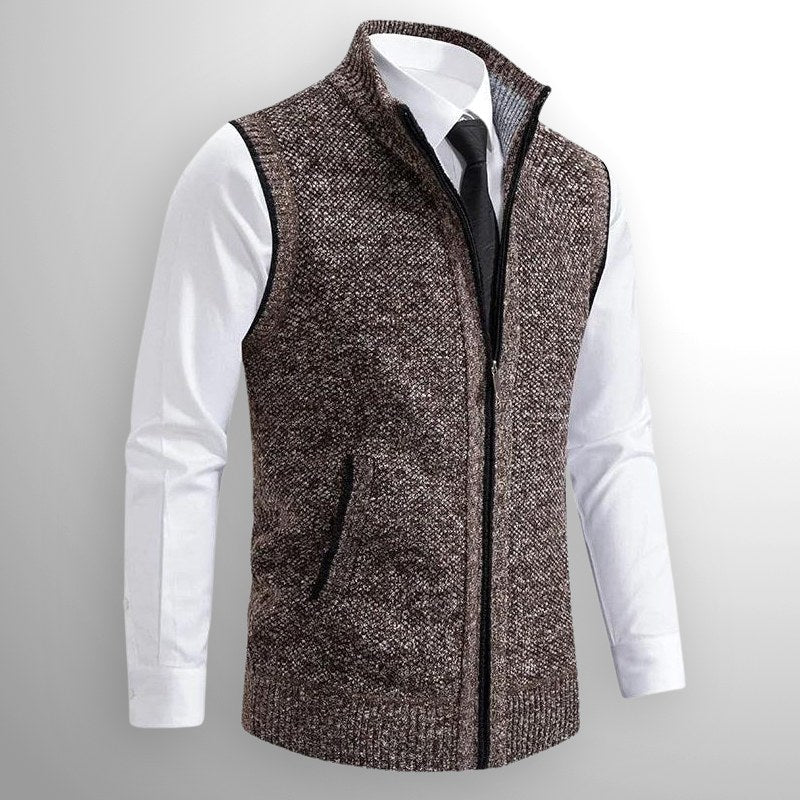 Leon | Men's Knit Waistcoat with Zip and Stand Collar, Structured Men's Waistcoat | Bella Blue | Black