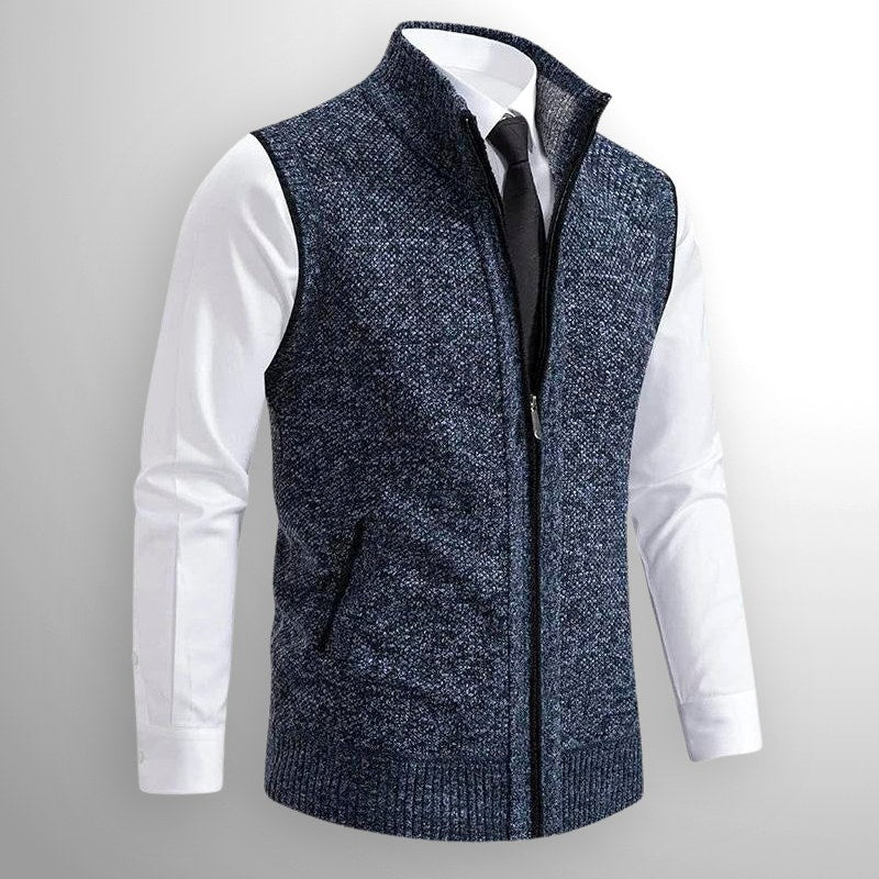 Leon | Men's Knit Waistcoat with Zip and Stand Collar, Structured Men's Waistcoat | Bella Blue | Black