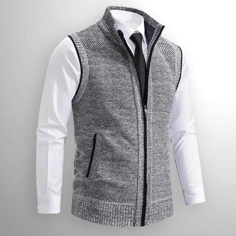 Leon | Men's Knit Waistcoat with Zip and Stand Collar, Structured Men's Waistcoat | Bella Blue | Brown