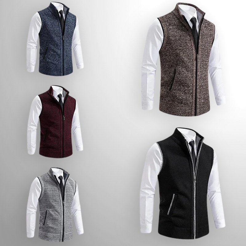 Leon | Men's Knit Waistcoat with Zip and Stand Collar, Structured Men's Waistcoat | Bella Blue | Brown